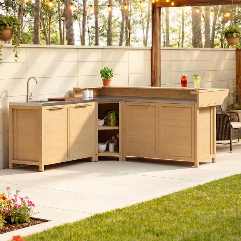 Outdoor BBQ Kitchen Cabinet Set, 100% Solid Wood Patio Kitchen Storage Stainless Steel Countertop