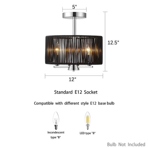 KAWOTI 3-Light Semi-Flush Mount Ceiling Lights with Black Rattan Shade - 12in Diameter