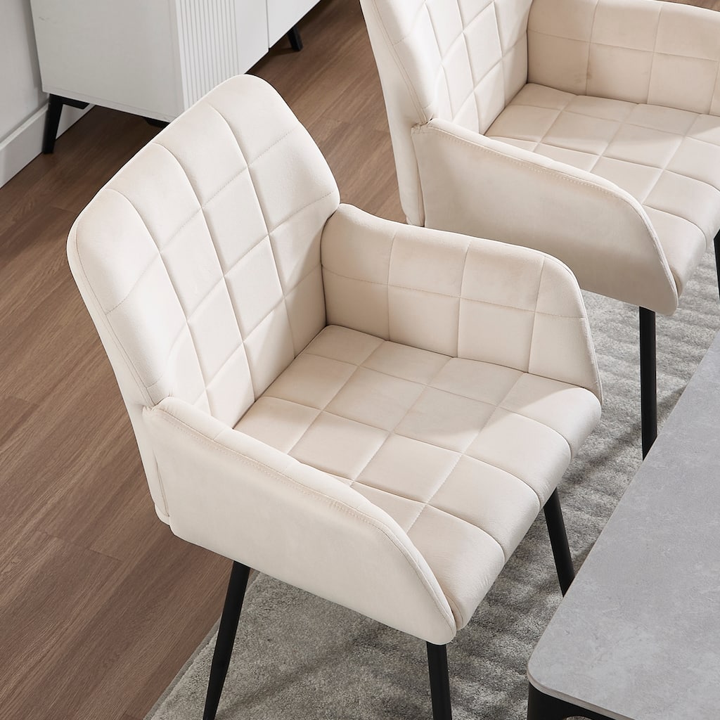 Modern Velvet Dining Chair Upholstered Kitchen Chair with Armrests and Curved Back, for Dining Room, Cream, Set of 2