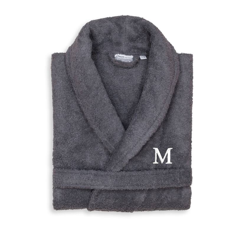 Authentic Hotel and Spa Unisex Grey Turkish Cotton Terry Bath Robe with White Block Monogram - S/M - M