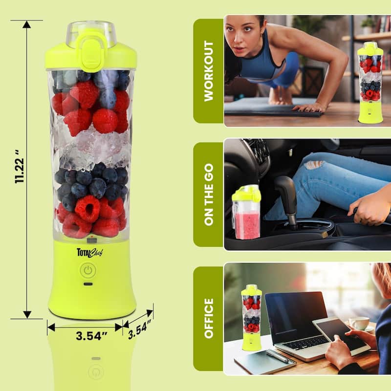 Total Chef Cordless Portable Blender, 20 oz (600 mL) Personal Blender, USB Rechargeable, Neon Green