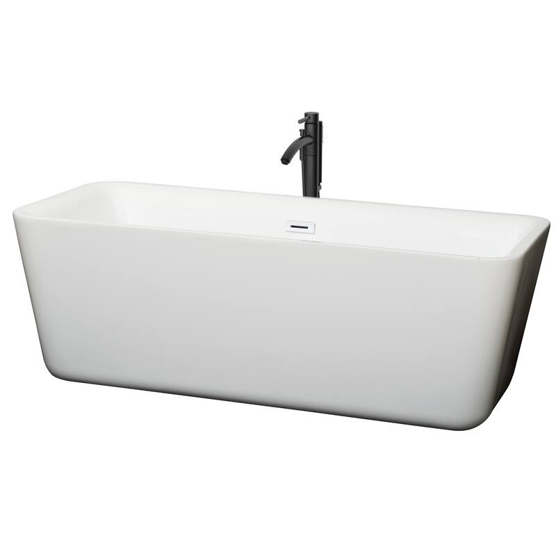 Wyndham Collection Emily 69-inch White Freestanding Soaking Bathtub - White, Shiny White Trim & Matte Black Faucet