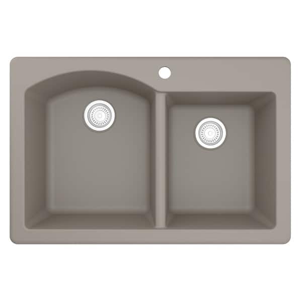 slide 2 of 50, Top Mount 33-inch Large/Small Bowl Quartz Kitchen Sink - 33" x 22" x 9" Concrete