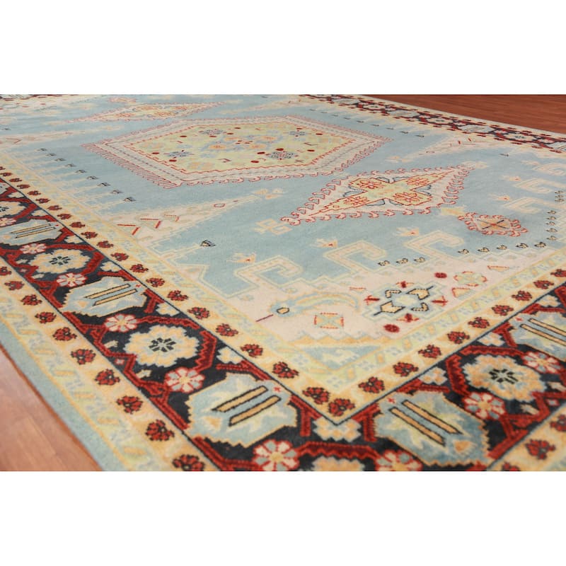 Light Blue Geometric Viss Oriental Large Rug Handmade Wool Carpet - 9'9" x 13'9"