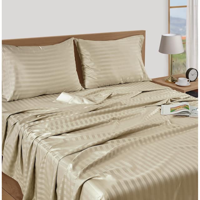Luxury Egyptian Cotton Sateen Weave 800 TC Deep Pocket Sheet Set - Queen - Linen Stripe