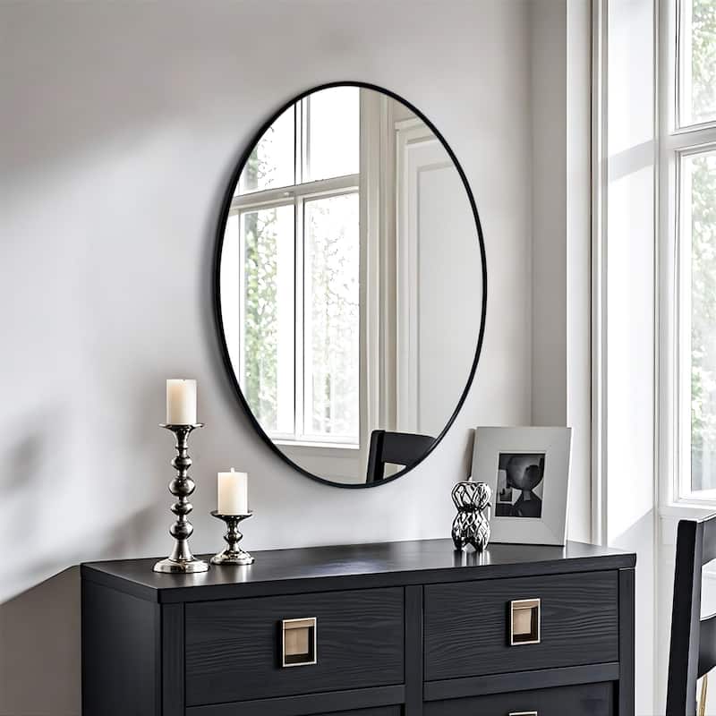 Modern Vertical Black Aluminum Frame Oval Mirror Wall Hanging Vanity Mirror