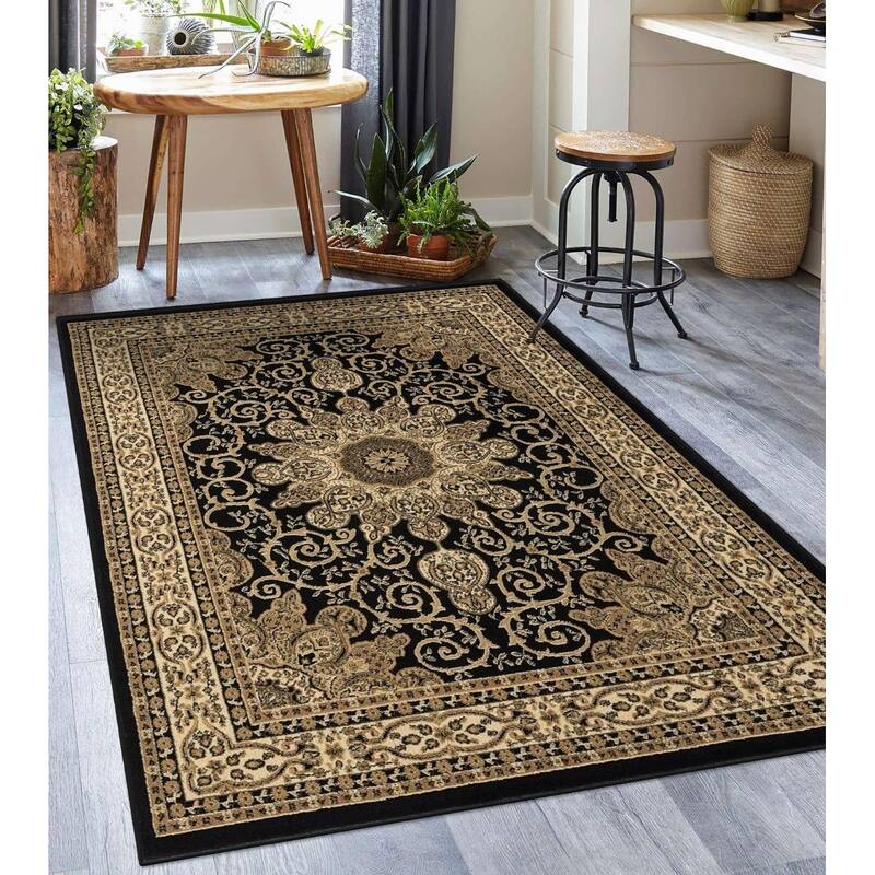 Luxe Weavers Oriental Floral Medallion Area Rug, Indoor Floor Cover - 8' Round - Black