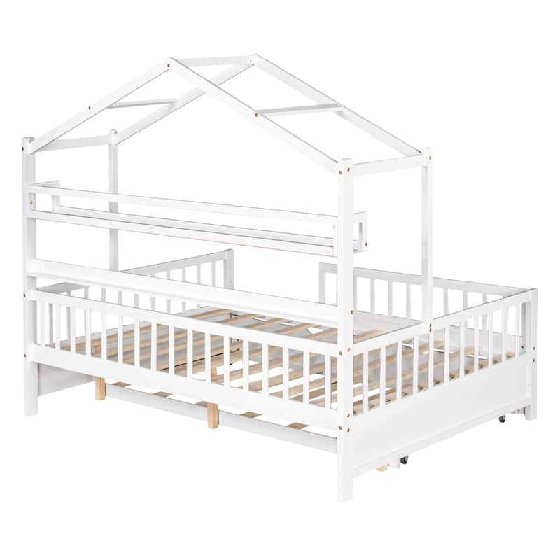Kids Full House Bed with Twin Trundle and Built-In Storage Shelves, Wooden Bed with Roof Design