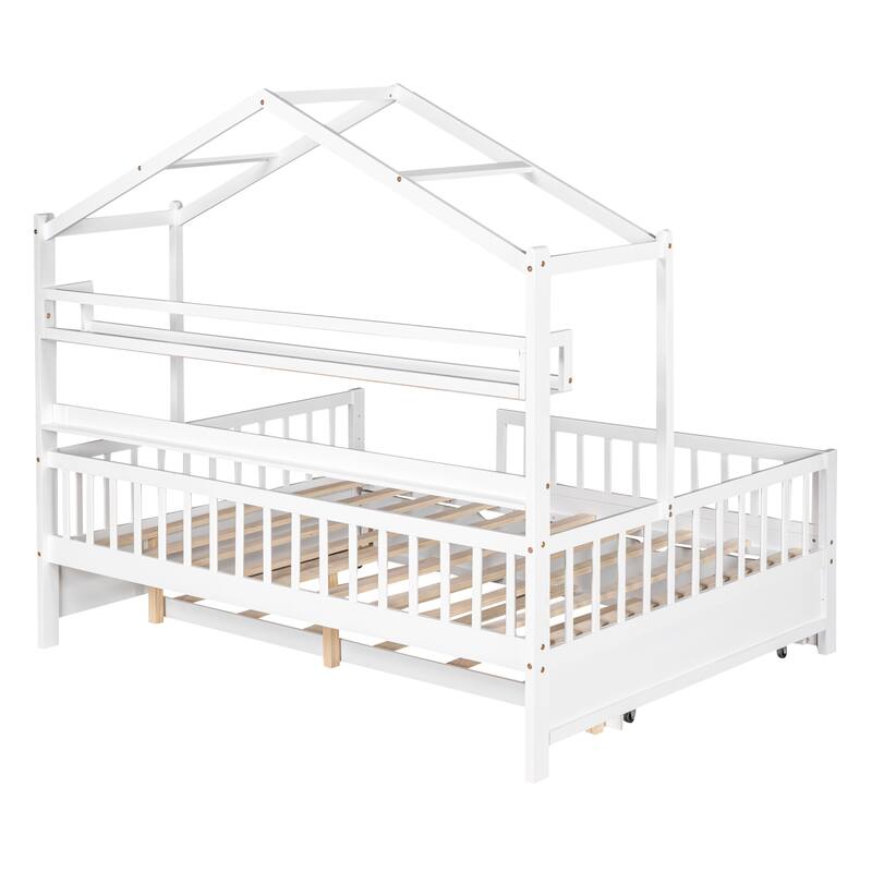 Pine House Bed with Trundle, Shelf & Guardrail