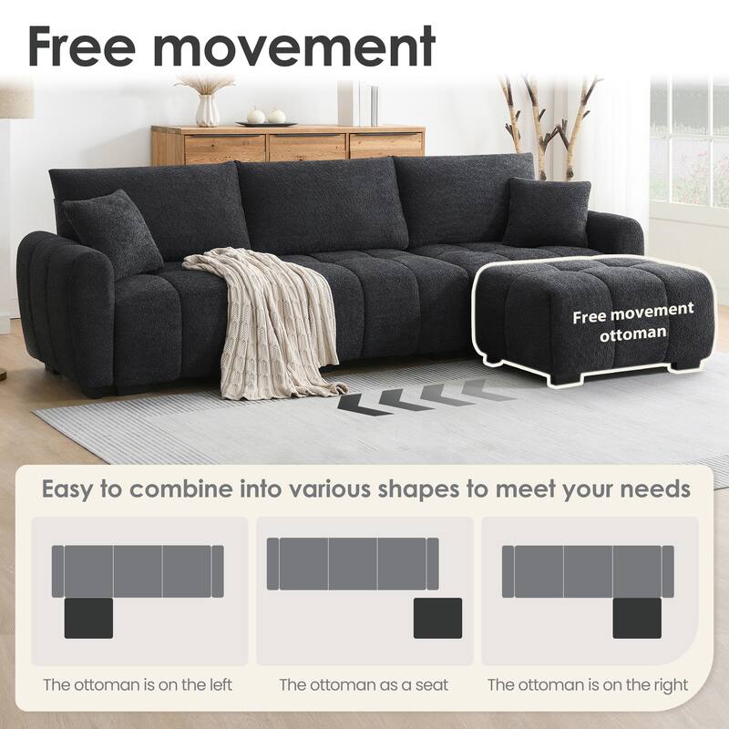 L-Shaped Sectional Sofa with Movable Ottoman, Boucle Fabric Couch with 2 Throw Pillows, Modular Upholstered 4 Seat Sofa