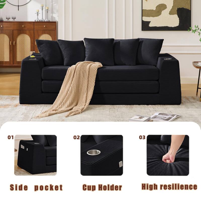 2 in 1 Convertible Sofa Bed, Sleeper Sofa with Storage Pockets, Pull Out Loveseat Couch with Two Cup Holders