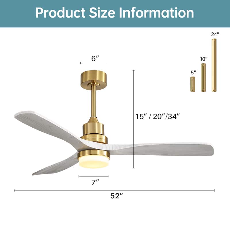 52" Wooden 6-Speed Noiceless Reversible DC Motor Ceiling Fan with Light and Remote