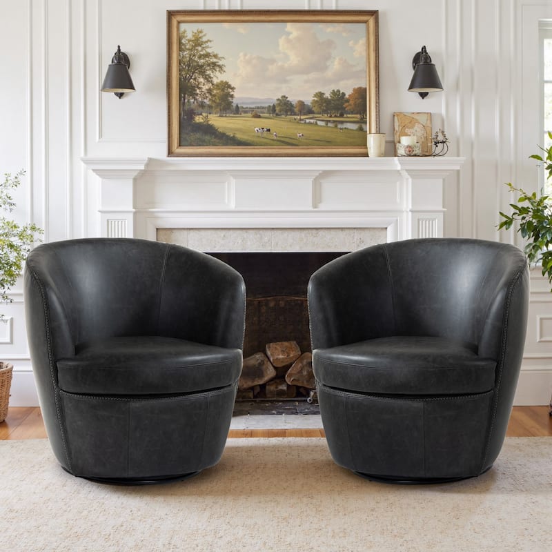 Modern Swivel Leather Accent Chair Upholstered Barrel Chair - Black-2 SET