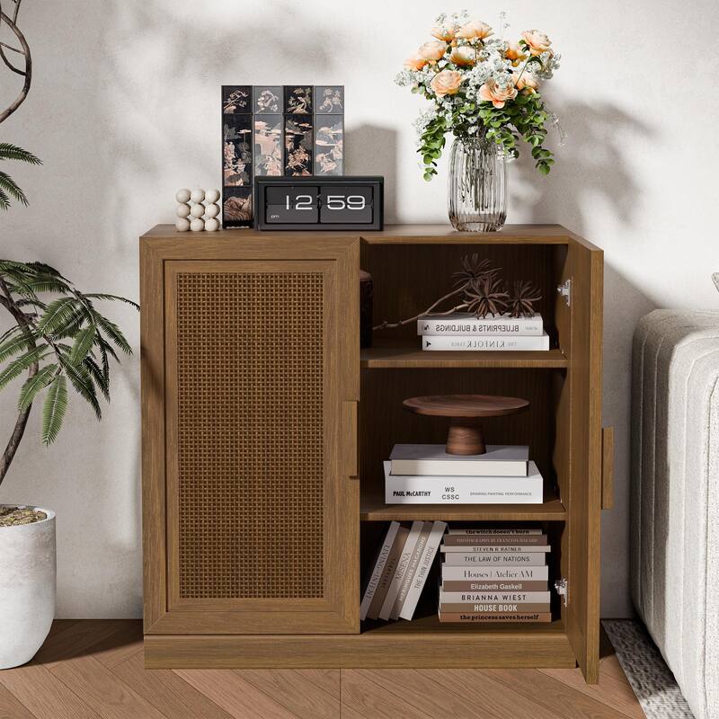31"H Classic Storage Cabinet with Adjustable Shelves with Rattan Doors