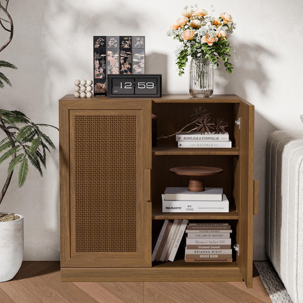 31"H Classic Storage Cabinet with Adjustable Shelves with Rattan Doors