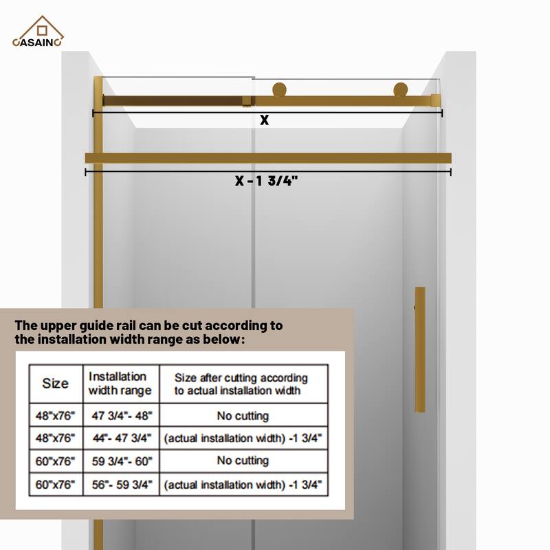 CASAINC 48 in. W x 76 in. H Sliding Frameless Shower Door with SGCC Certification
