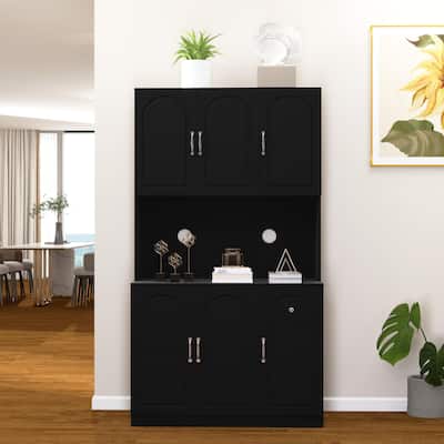 71" Kitchen Pantry Storage Cabinet with Microwave Oven Countertop,Freestanding Hutch Cabinet with Adjustable Shelves