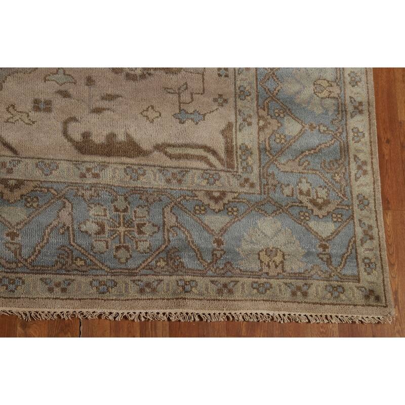 Light Brown Oushak Indian Area Rug Hand-Knotted Wool Carpet - 8'4"x 9'9"
