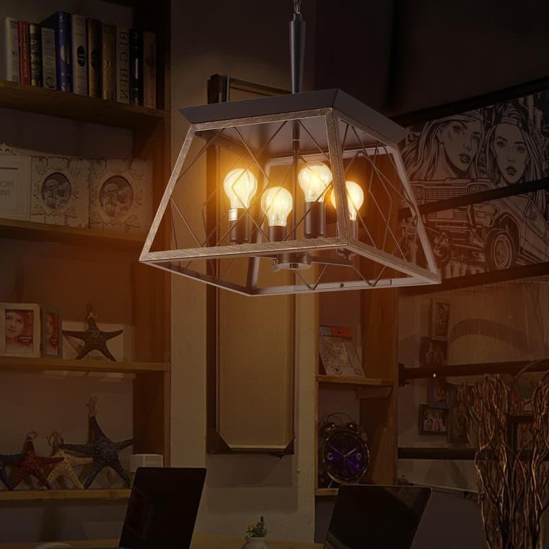 16" Black Industrial 4-Light Pendant Chandelier, Modern Metal Cage Design, Adjustable Hanging Light for Dining Room, (No Bulbs)