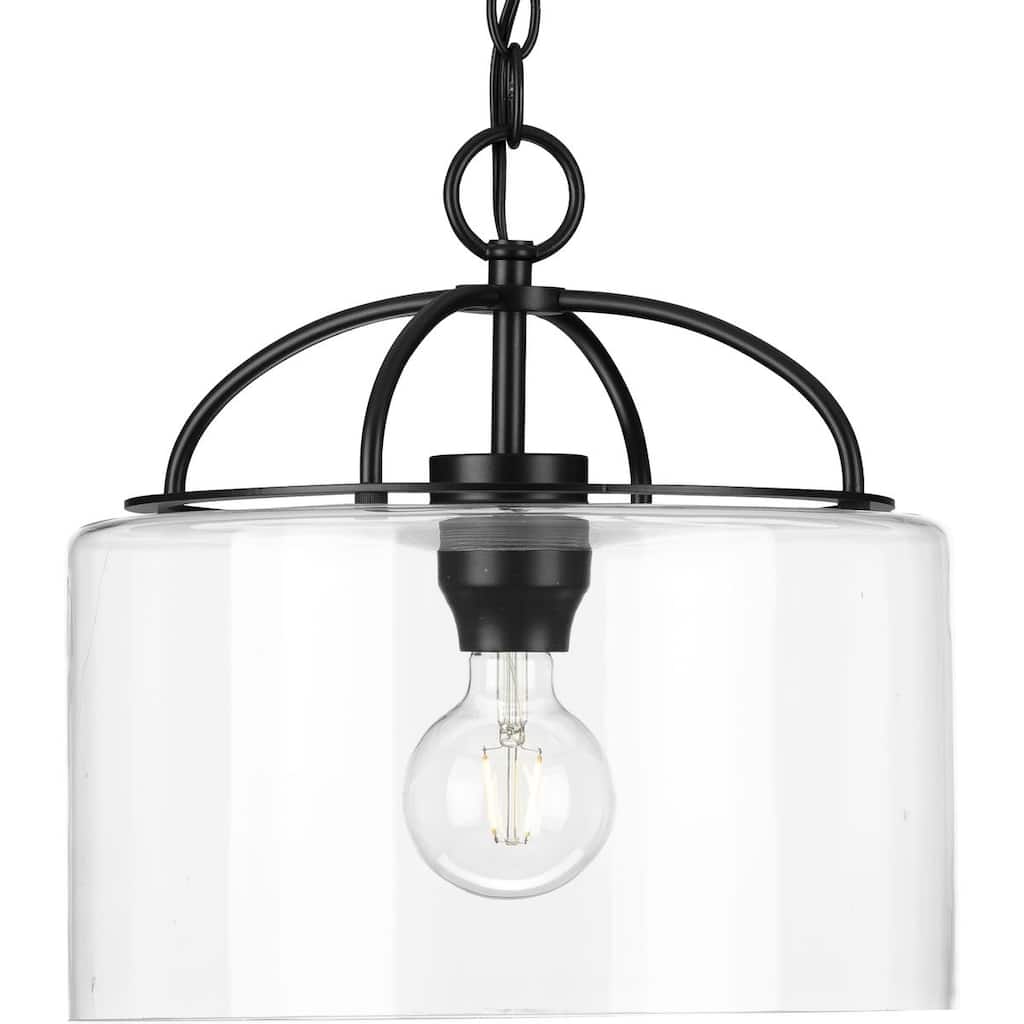 Leyden Collection 1-Light Matte Black Clear Glass Transitional Mini-Pendant Hanging Light - 13 in x 13 in x 13 in