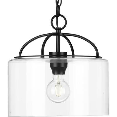 Leyden Collection 1-Light Matte Black Clear Glass Transitional Mini-Pendant Hanging Light - 13 in x 13 in x 13 in
