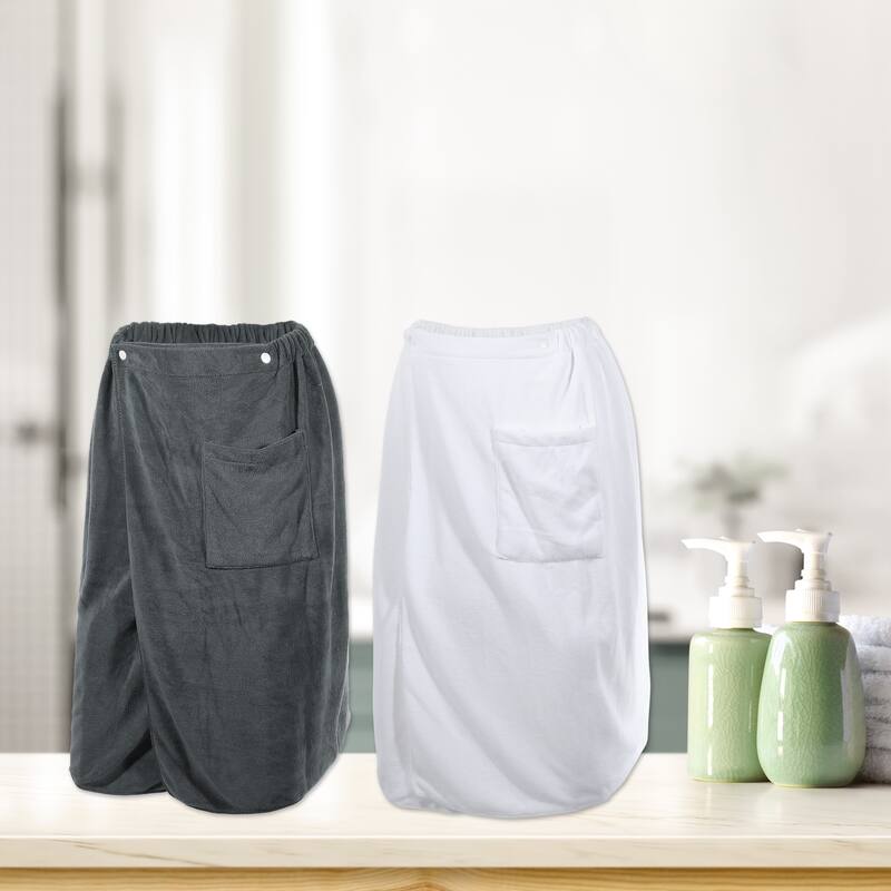 2 Pcs Men's Bath Wrap Towel, Body Wrap for Shower Spa, Adjustable Robes with Hair Dry Cap Headband White Gray - 27.56"x 55.12"