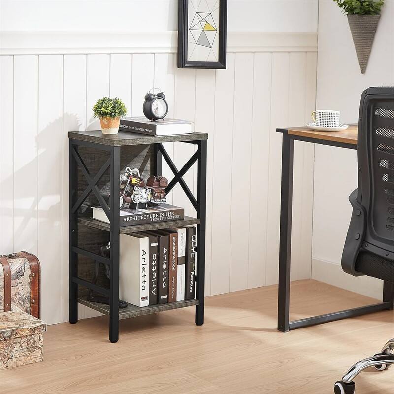 Industrial 3 Tier Bookshelf Narrow Bookcase with Rustic Wood and Metal - 15.7"D x 11.8"W x 27.6"H