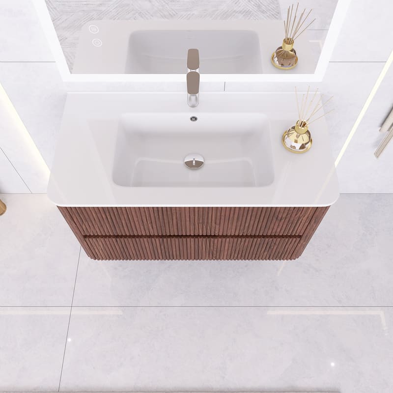 Wall-Mounted Bathroom Vanity in Walnut with Integrated White Ceramic Sink