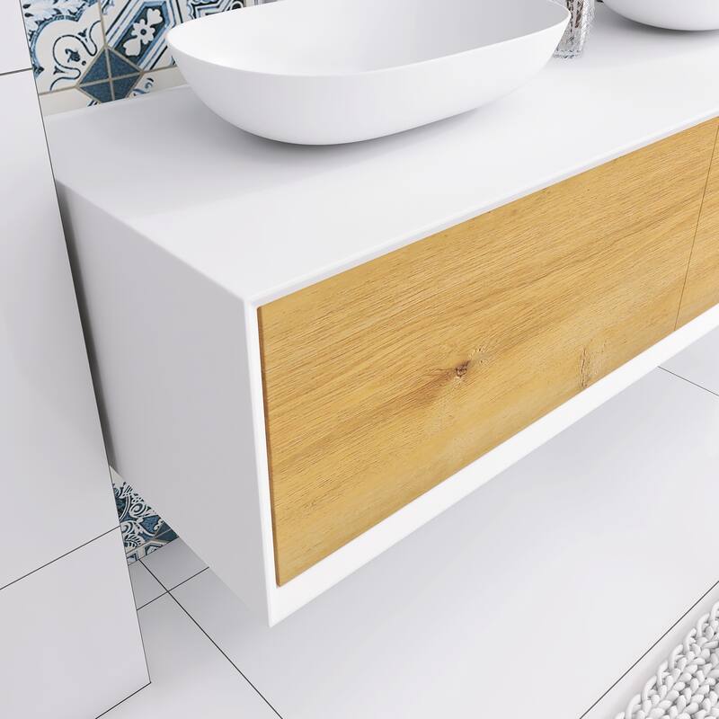 Floating Bathroom Vanity with Solid surface Top in F.OAK and Matte White