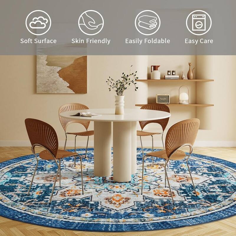 Round Rug 5ft Area Washable Boho Neutral Circle Rugs - 5' (Round)