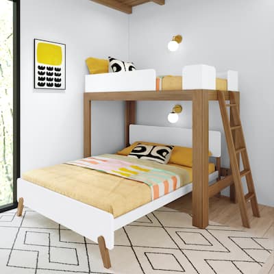 Max and Lily Mid-Century Modern L-Shaped Twin over Queen Bunk Bed with Ladder on End