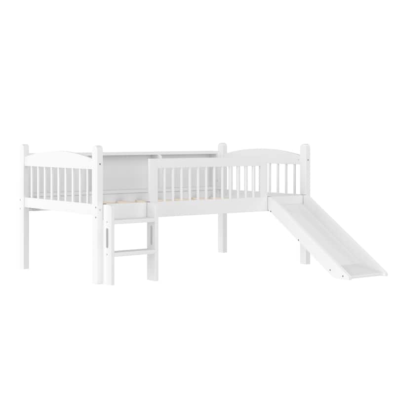 Twin Loft Bed with Storage Shelves, Solid Wood Lower Loft Bed with LED Lights and Full-length Guardrails