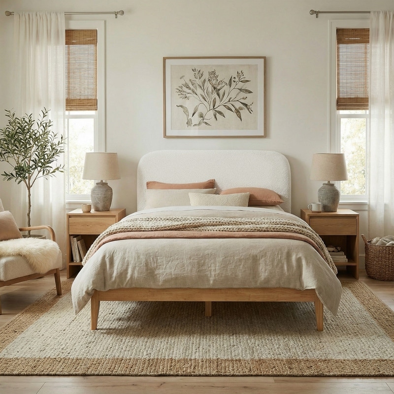 Spruce & Spring Mid-Century Modern Platform Bed Frame with Bouclé Upholstery & USB Charging