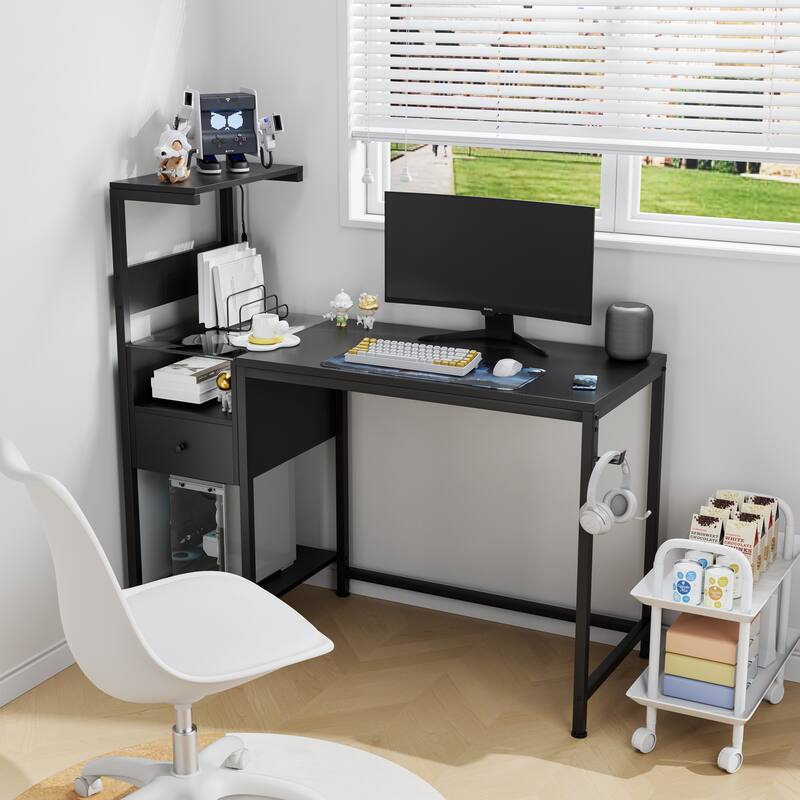 48" Study Writing Desk with Reversible Shelves, USB Charging Ports, LED Lights, and Drawer