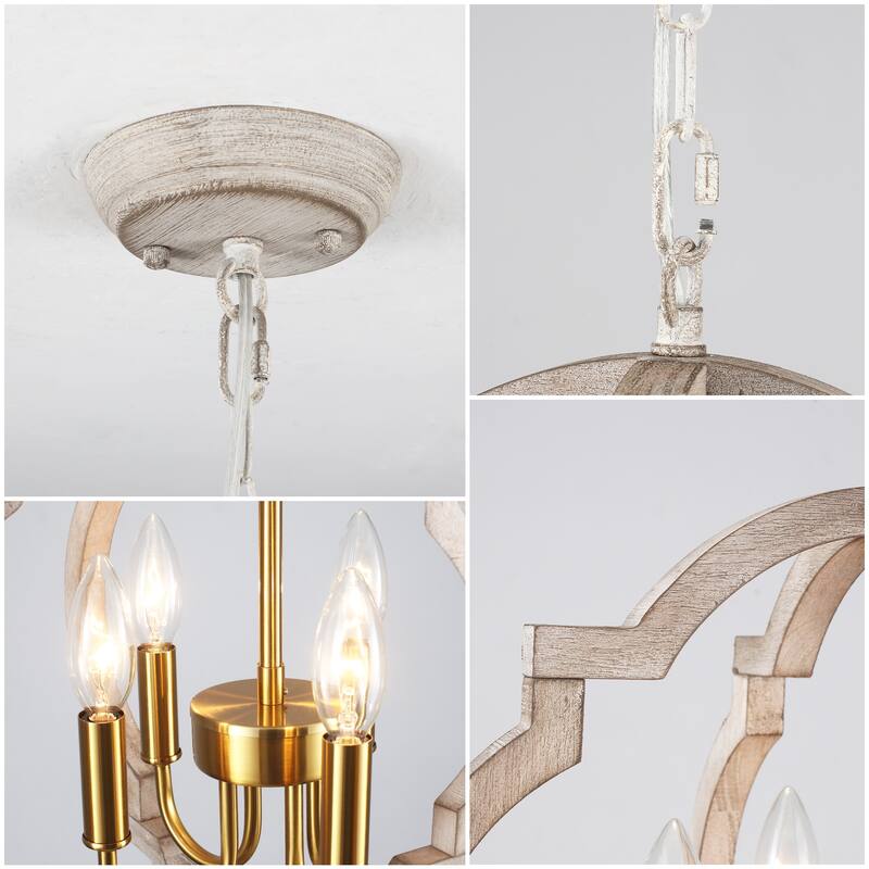 4-Light 16.33"W Wooden Lantern Rustic Chandeliers for Dining Room Kitchen