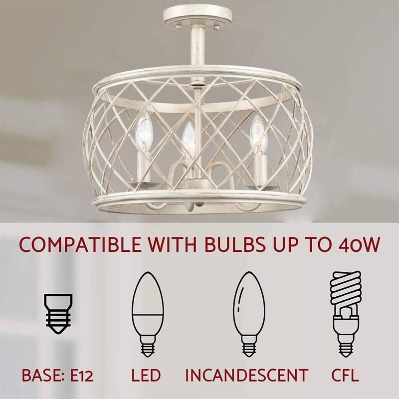Treviso Farmhouse 3-Light Drum Semi Flush Mount Ceiling Light Metal Shade Antique White - Antique White