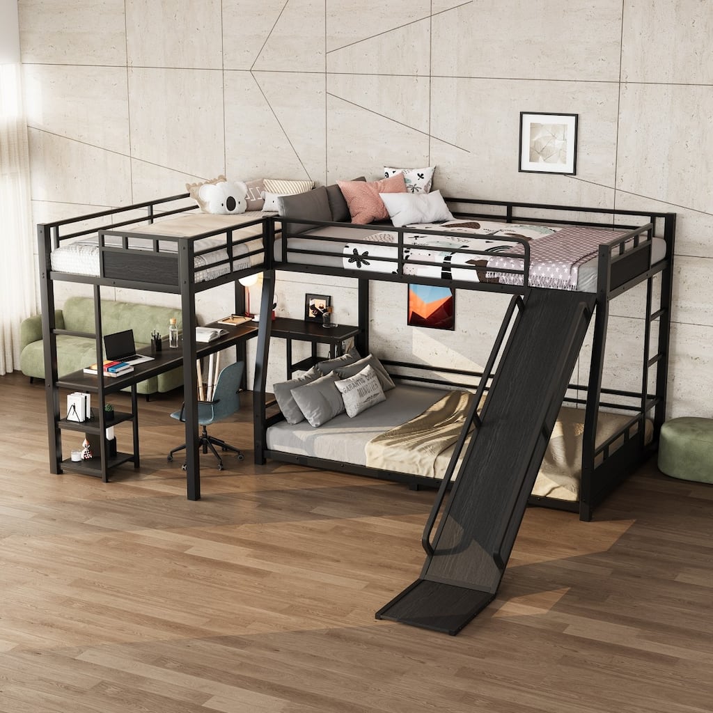 L-Shaped Metal Bunk Bed and Loft Bed with Desk, Storage Shelves and Slide