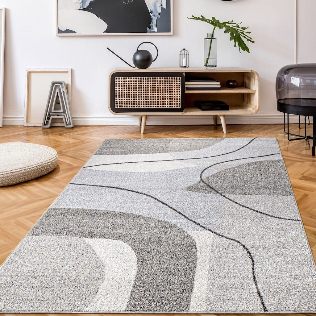 Modern Area Rug with Abstract Artful Pattern in Beige and Grey
