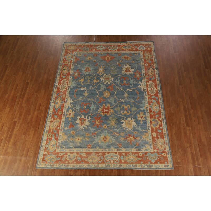 Hand Knotted Oriental 100% Wool Carpet Transitional All-Over Navy Blue & Blues Oushak Area Rug - 10' 8'' X 8' 0''