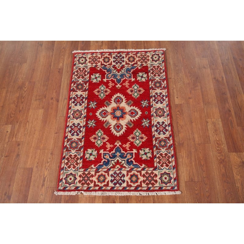 Geometric Red Kazak Accent Rug Handmade Wool Carpet - 2'0" x 2'11"