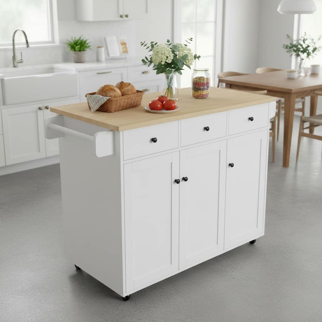 Homy Casa Oak White Kitchen Cabinet with Casters, 3 Drawers & 3 Doors