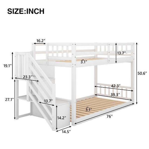 dimension image slide 1 of 2, Twin Over Twin Floor Bunk Bed,Ladder With Storage, Safety for Bedroom