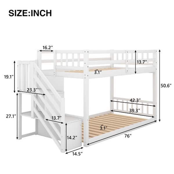 Twin over Twin Floor Bunk Bed with 2 Ladders and Guardrails, White