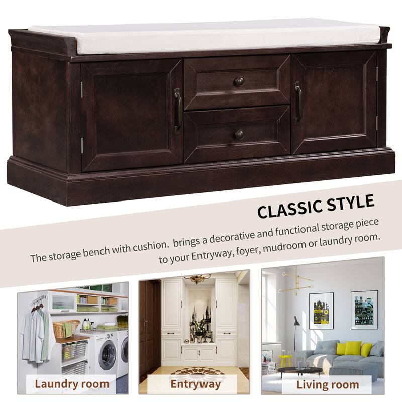 Storage Bench with 2 Drawers and 2 Cabinets, Shoe Bench with Removable Cushion for Living Room, Entryway