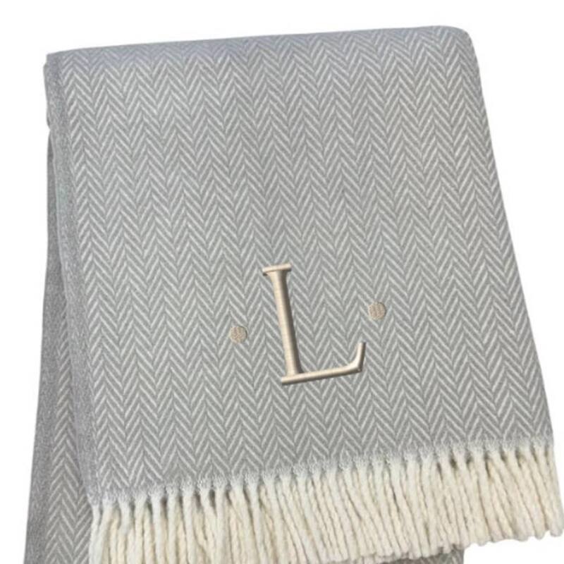 55" X 70" Gray And White Herringbone Cotton Blend A Initial Throw Blanket with Tassels And Embroidery