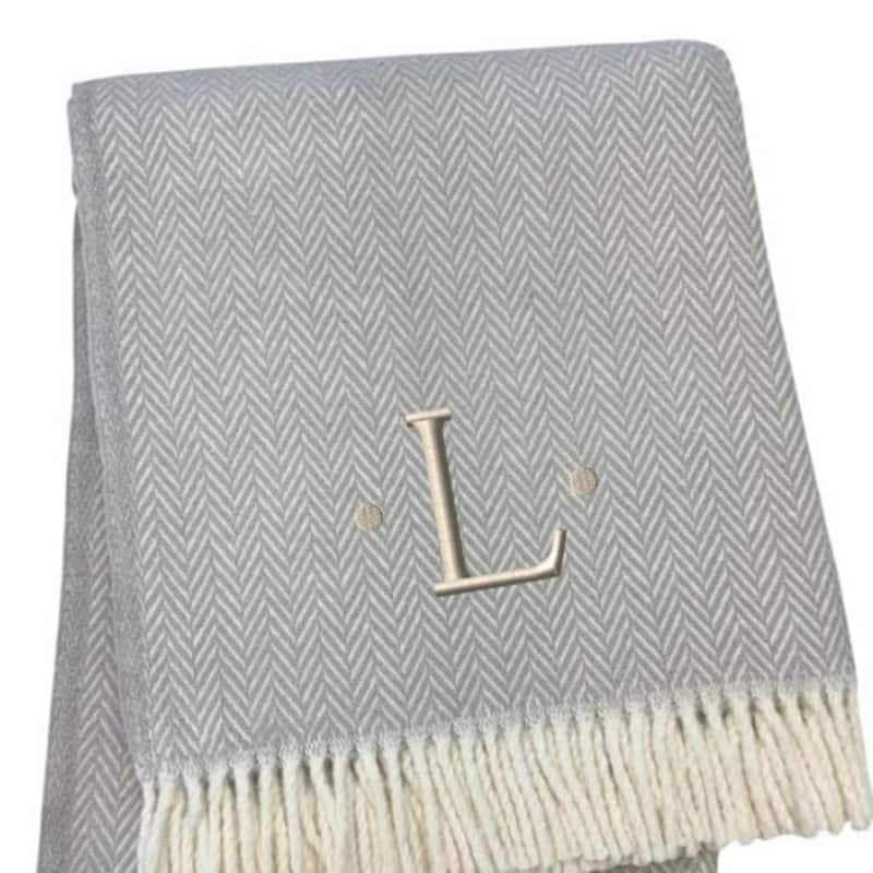 HomeRoots 55" X 70" Gray And White Herringbone Cotton Blend L Initial Throw Blanket with Tassels And Embroidery