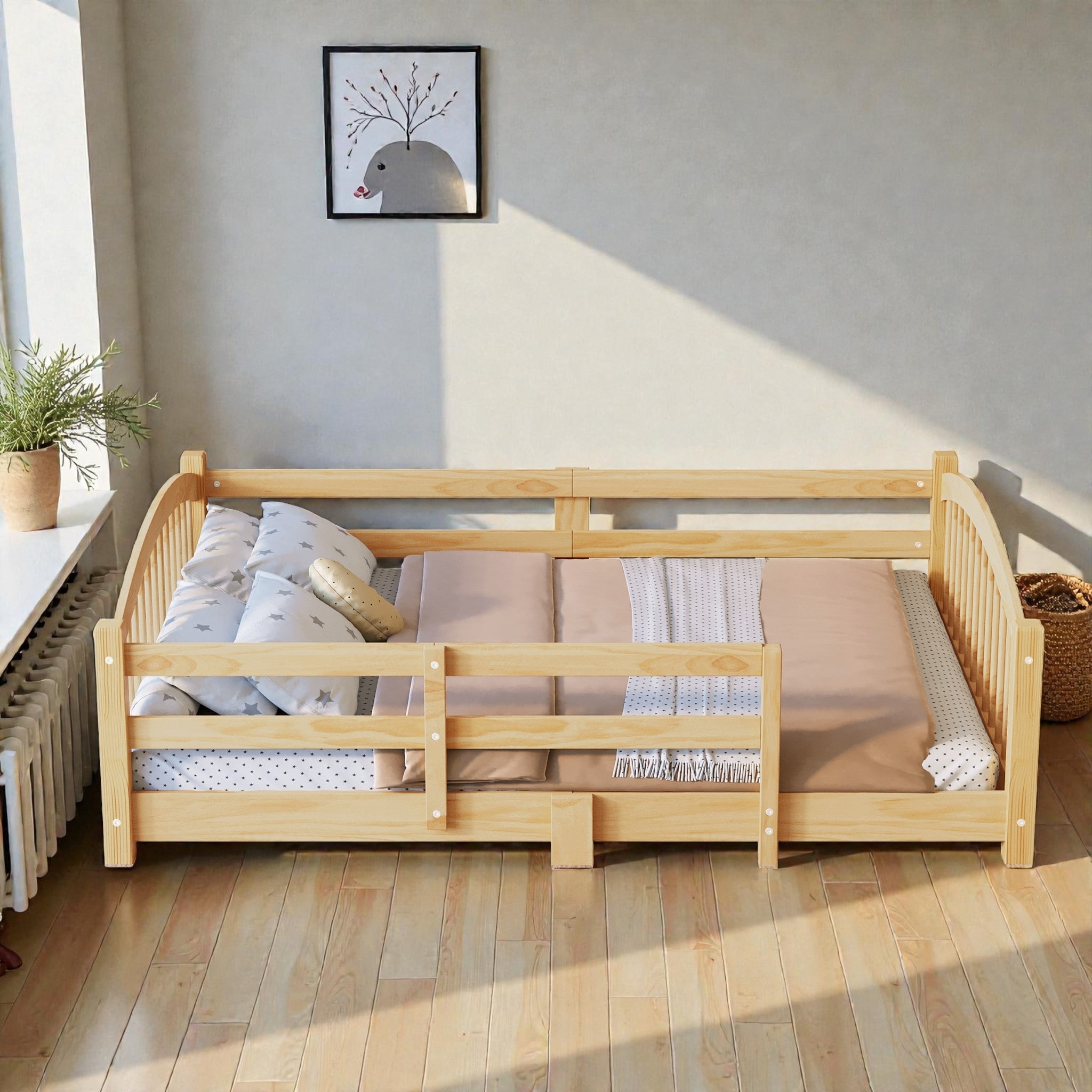 Full Size Montessori Floor Bed with Slats and Safety Guardrails, Solid Wood Platform Bed Frame for Kids