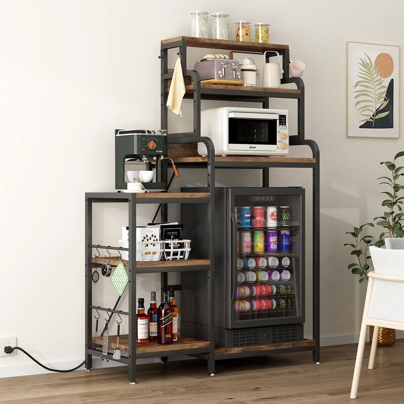 Multifunctional 7-Tier Mini Fridge & Microwave Stand with 2 AC/2 USB Outlets - Coffee Bar & Bakers Rack Storage Shelf