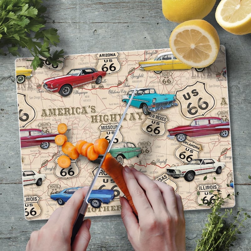 Route 66 Map 3mm Heat Tolerant Tempered Glass Cutting Board 10” x 8” Made in the USA Dishwasher Safe