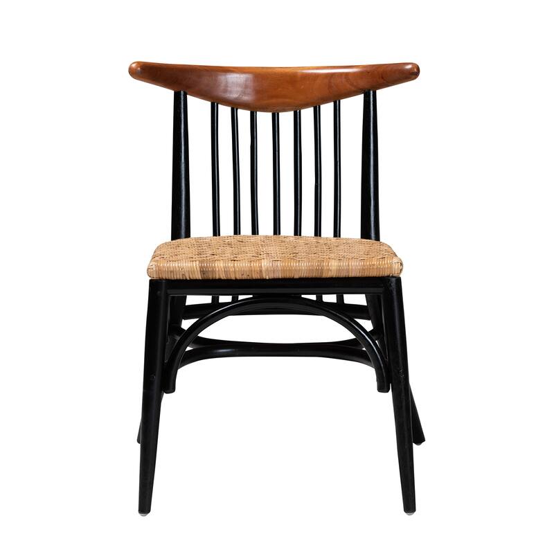 Parthenia Mid-Century Modern Two-Tone Black and Walnut Brown Finished Mahogany Wood and Natural Rattan Dining Chair